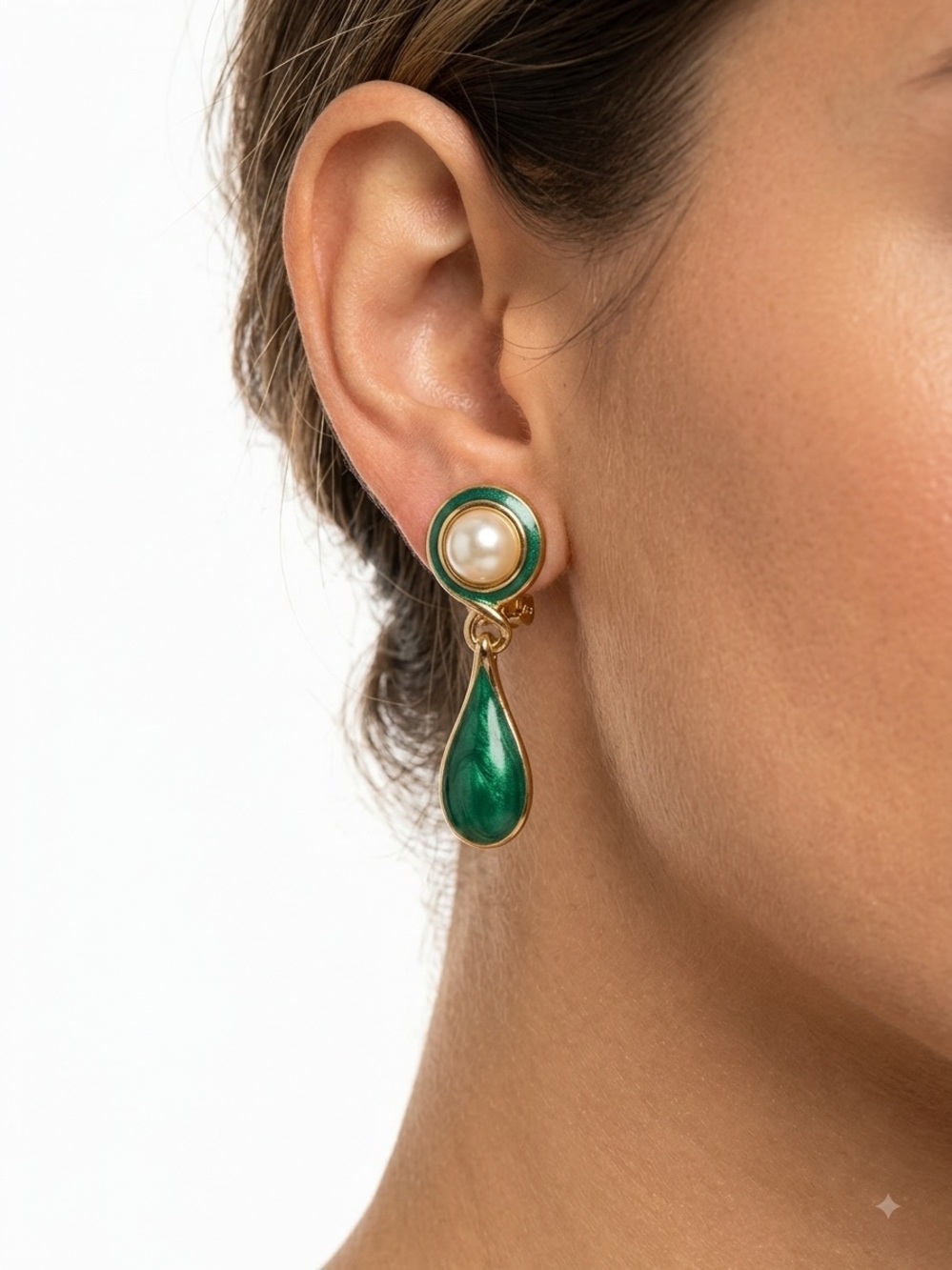 Green Enamel Pearl Drop Earrings - Women Jewelry